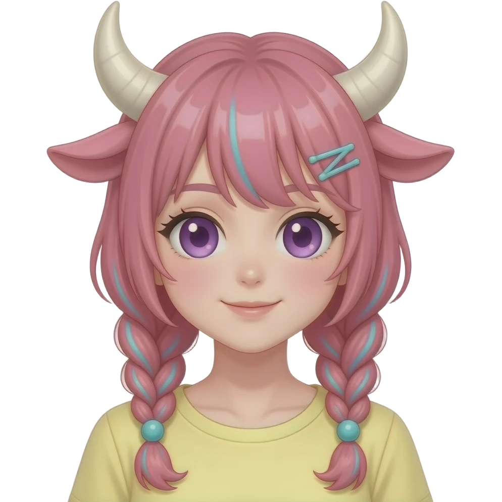 Cute pretty anime woman with big white bull horns, pink braided hair with thing cyan stripes and cyan ball-shaped hair ties, pink cow ears on the sides of head, pastel yellow shirt, purple eyes emoji