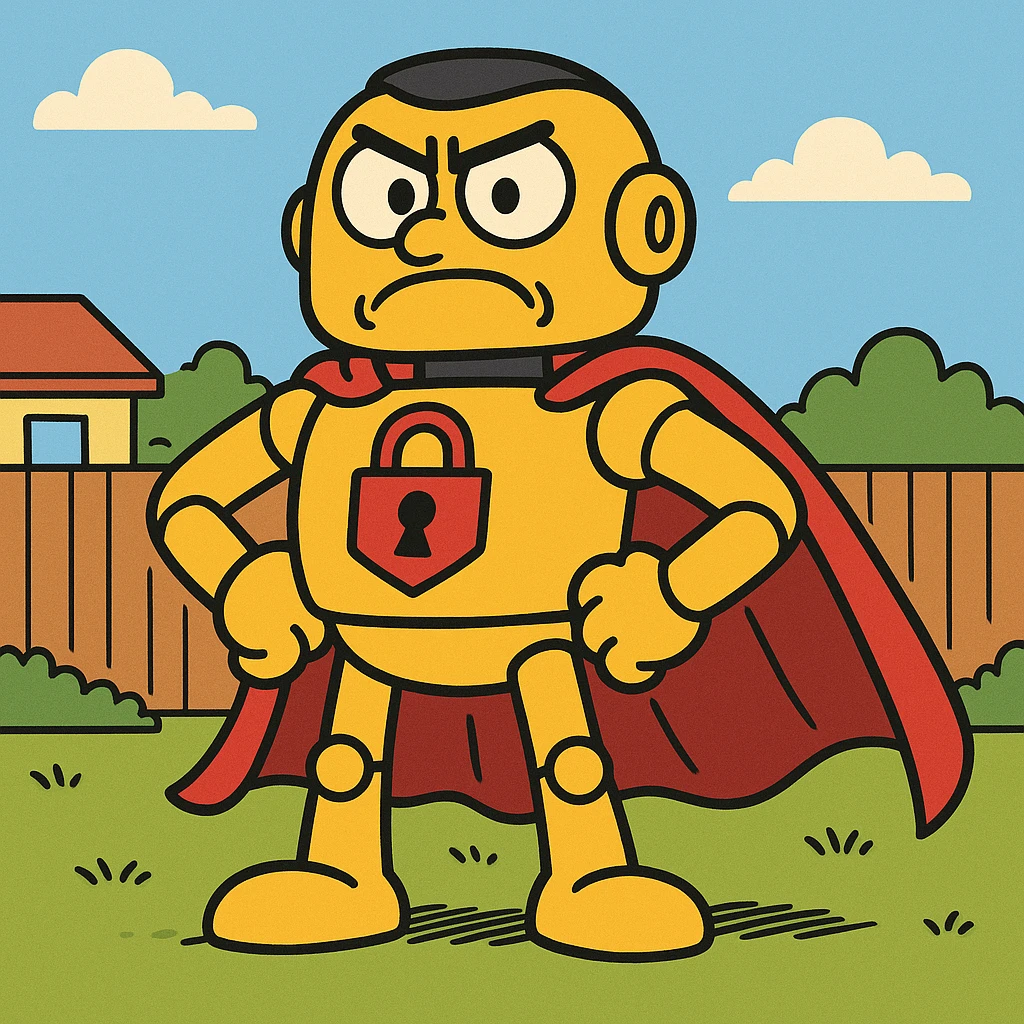 heroic robot with a cape and a lock emblem standing guard to protect against financial crime and terrorism in a bold cartoon style emoji
