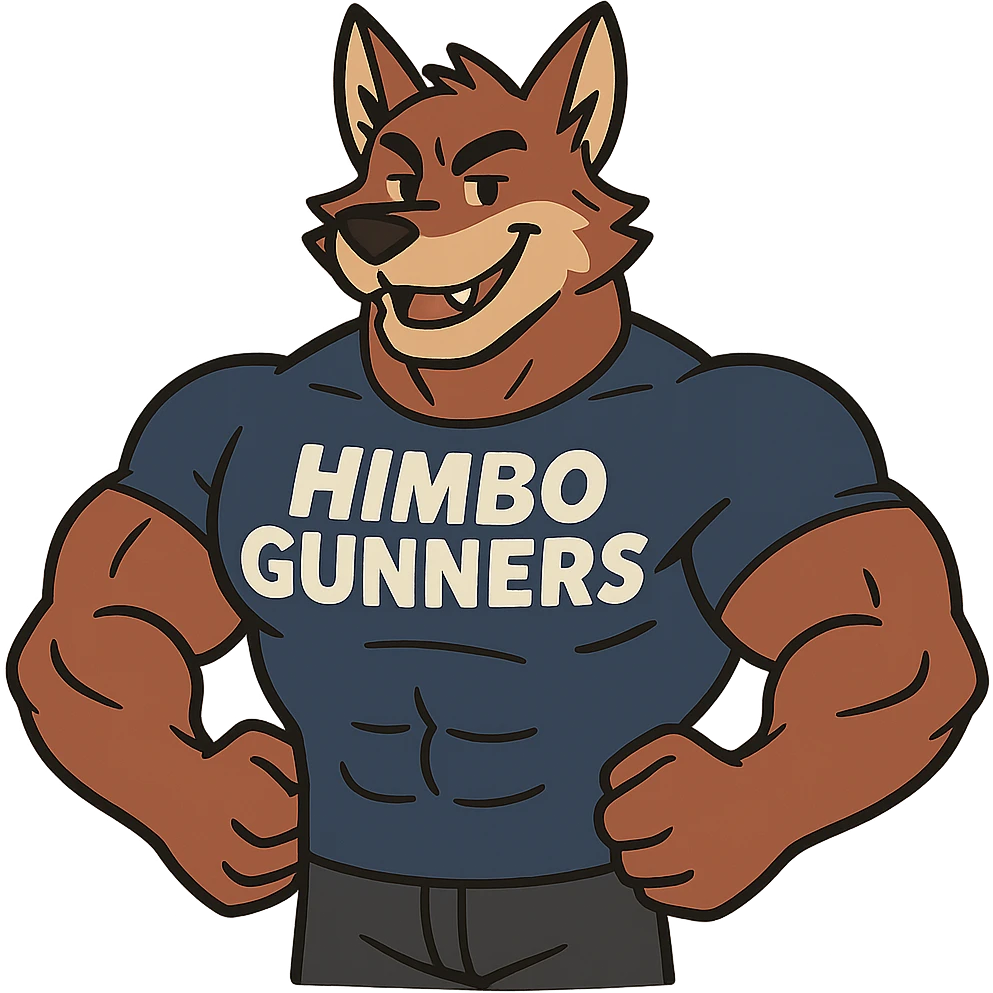 muscular furry character wearing a t-shirt that says 'Himbo Gunners', flat toon style emoji