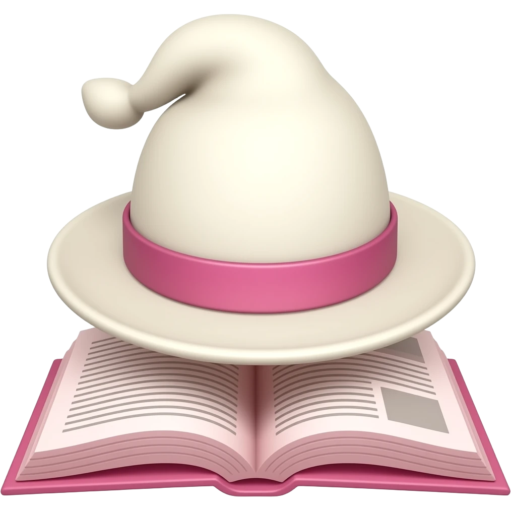 Chapeu de confeiteira branco offwhite, junto com livro aberto rosa de receitas. Tipo, chapéu "encima" do livro centralizado emoji