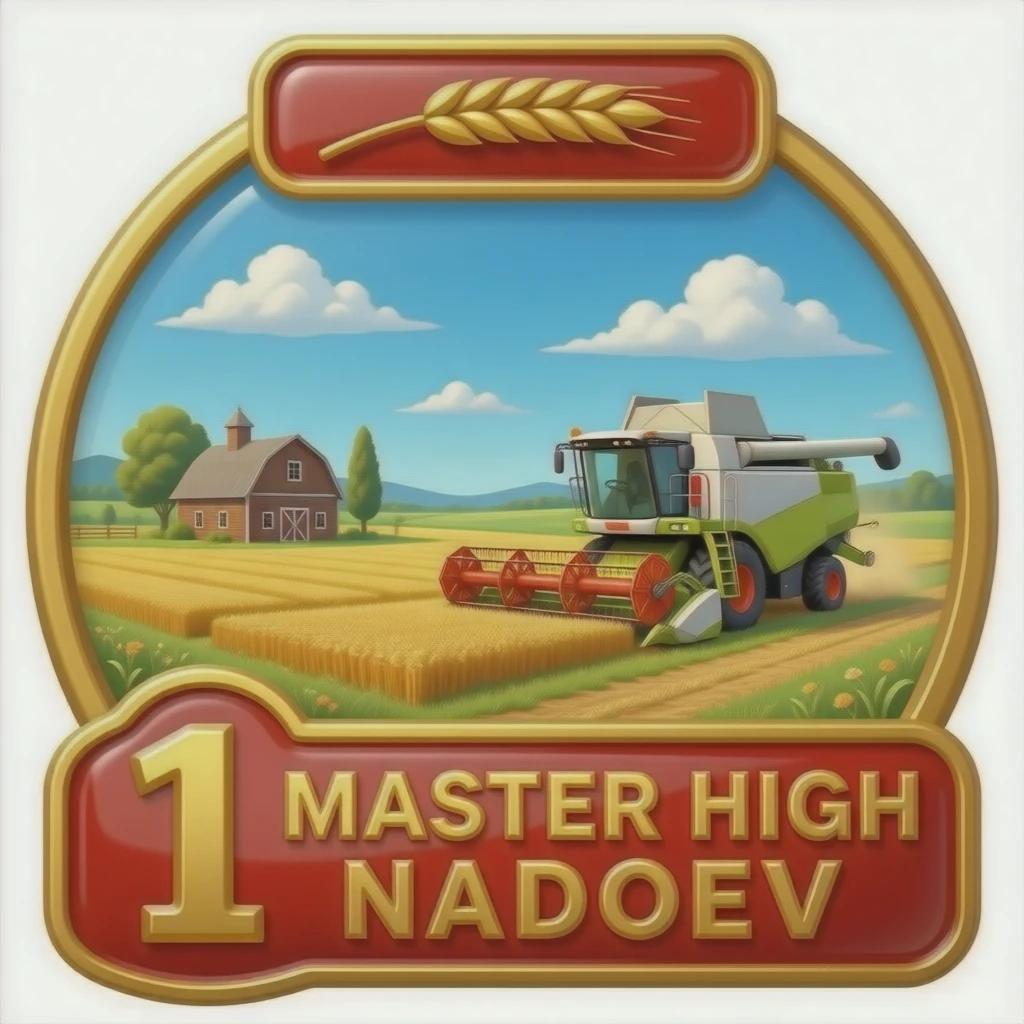 Top rectangular red enamel bar, central golden wheat. Gold ring: landscape with fields, barn, and detailed combine harvester. Foreground dominated by large red enamel framed golden '1' and dominant large Russian text: 'МАСТЕР ВЫСОКИХ НАДОЕВ'. emoji