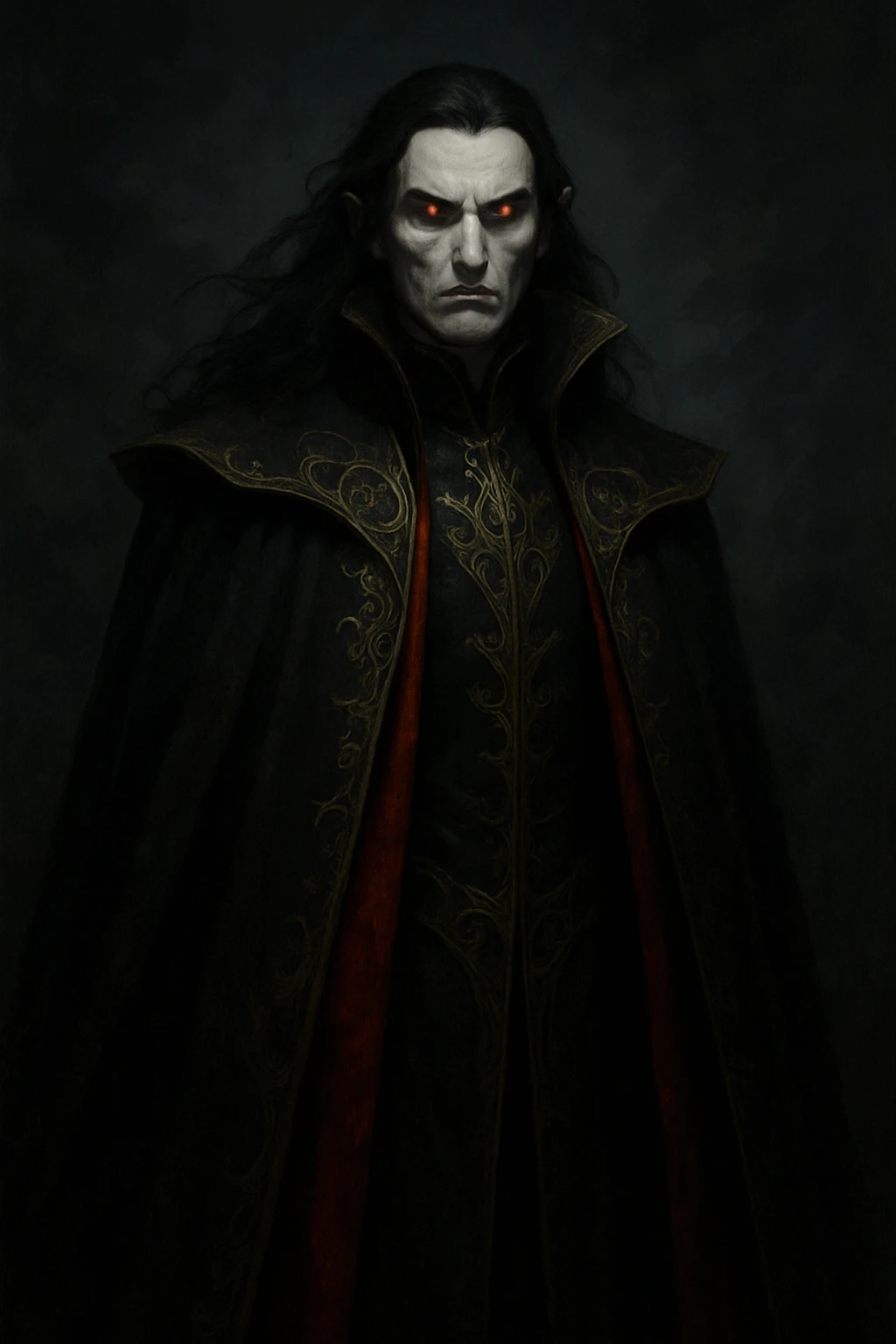 tall, imposing figure with long, flowing black hair, glowing red eyes, and a regal black and red cloak with gold embroidery. His pale skin and sharp, angular features give him a menacing, noble presence. emoji