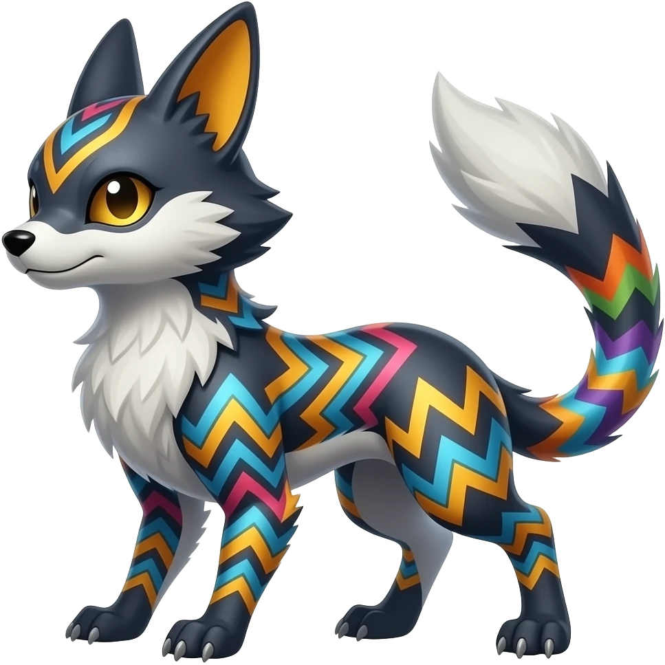 Hyper-realistic cool edgy badass zigzag-striped etched marked elegant Colorful Skilled Adept Graceful Asian Painted Meloetta-Furret-Lycanroc-Zangoose-fusion-hybrid-creature (full body) emoji