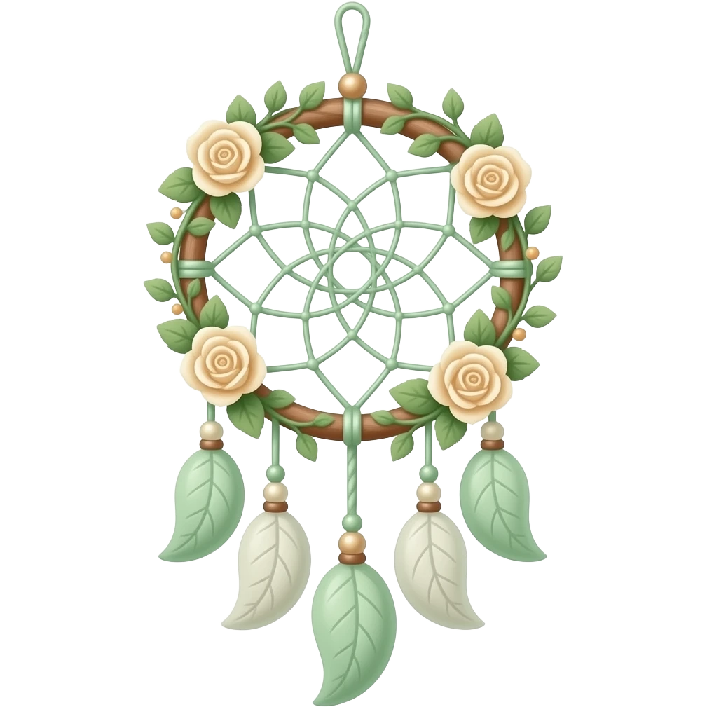 Cute dainty neat Pastel Green-white-brownish-beige-gradients thread-rope-hanging dreamcatcher, pastel colors, whitish, light, green academia aesthetic, mossy, with green vines and beige roses, Cottagecore, Princesscore, shiny glistening, vintage emoji