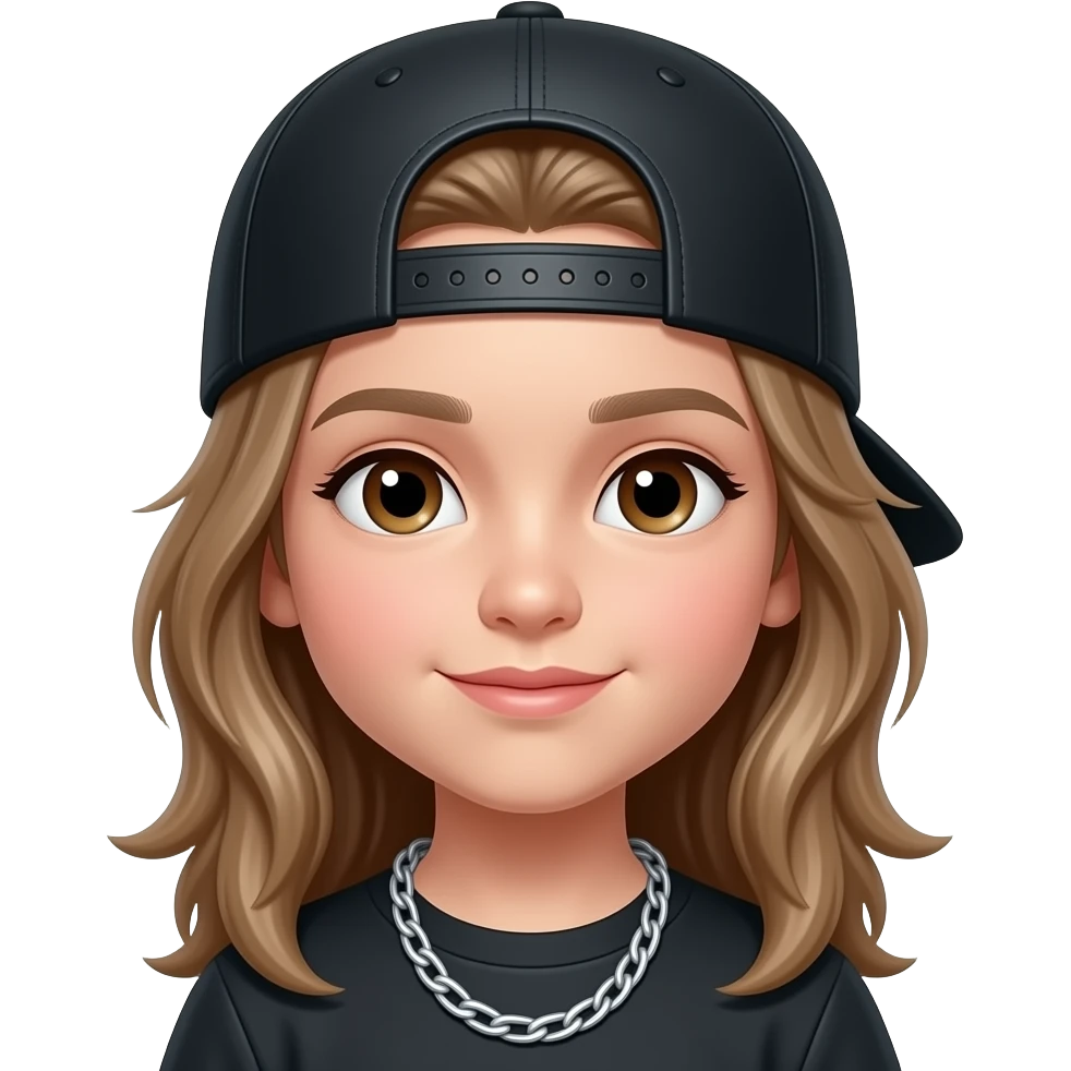 Un niño con gorra de costado con cadena  estilo emoji con el pelo así a abajo emoji