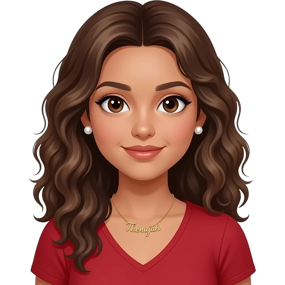 Make a girl that looks real and not 100% AI generated. A girl with light brown skin with long wavy and a bit curly, only a bit. She has pearl earrings and a necklace that says ‘Thenujah’ in cursive gold. She is skinny make her face a v shape. She is wearing red . Ponytail in the front emoji