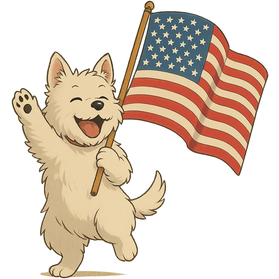 white Westie dog joyfully waving a United States flag, ghibli-inspired illustration style emoji