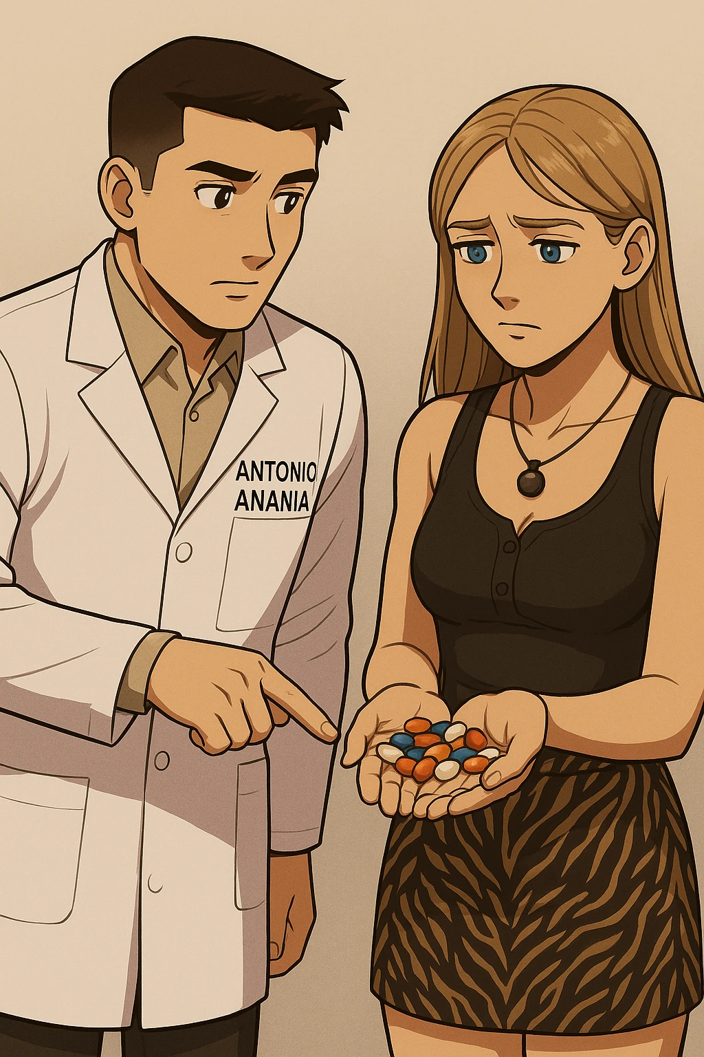 fai un webtoon/manga a colori con questo kinesiologo in camice bianco (fagli la scritta "ANTONIO ANANIA" SUL CAMICE) CHE PARLA CON QUESTA RAGAZZA CON GLI OCCHI AZZURRI. LA RAGAZZA HA UN PUGNO DI INTEGRATORI IN MANO (TANTE PILLOLE DIVERSE) E LE GUARDA DUBBIOSA. IL KINESIOLOGO CON IL CAMICE BIANCO LE TOCCA LA PANCIA CON UN DITO. NON FARE I FUMETTI, FAI SOLO LORO COME SE DIALOGASSERO emoji