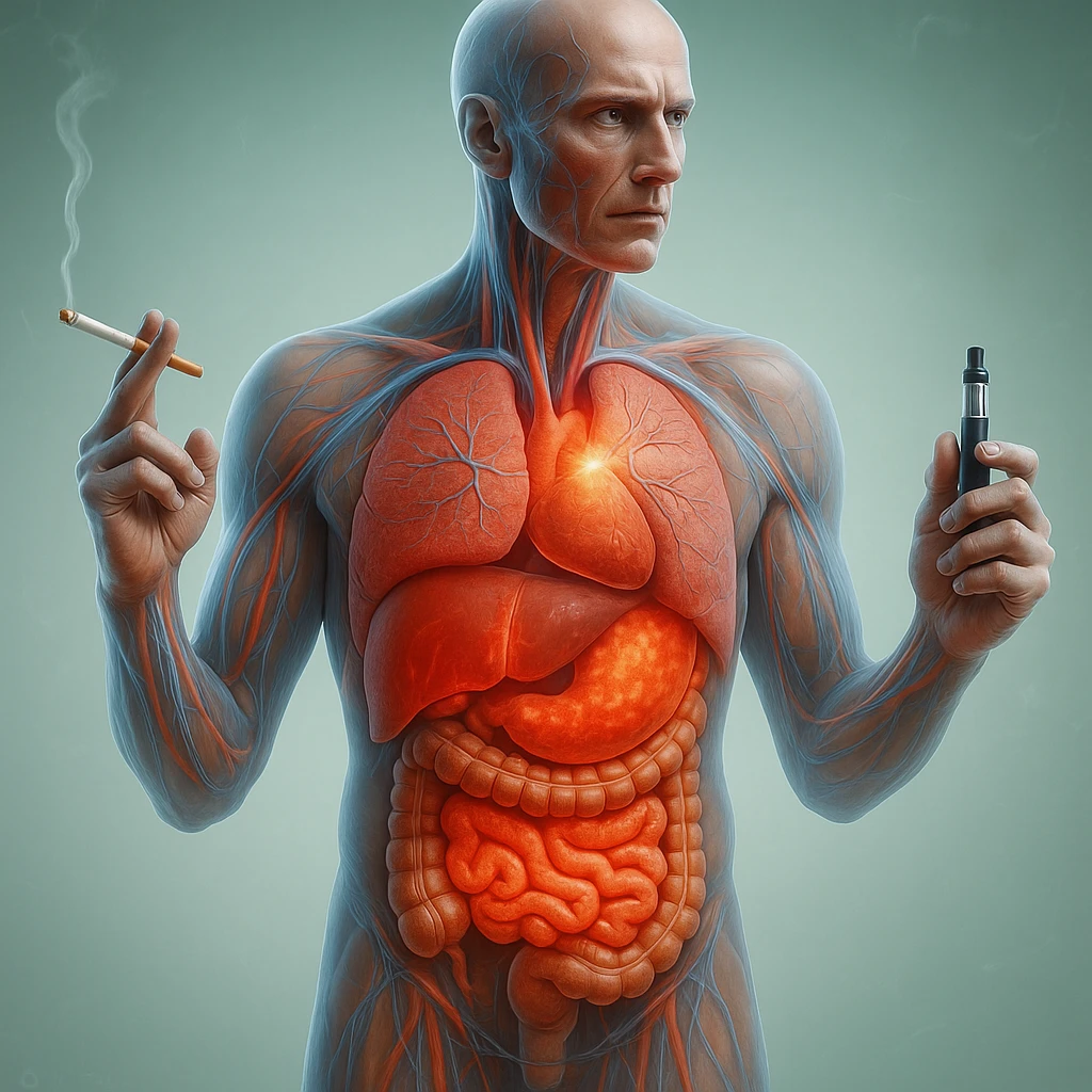 Create a medical illustration in hyperrealistic 4K, exactly matching the style of the provided reference image. Depict a realistic anatomical human body with inflamed liver and intestine highlighted. The figure is holding a lit normal cigarette in the right hand and an electronic cigarette in the left hand. Use a clear background, extremely detailed, with the same lighting and style as the reference. emoji
