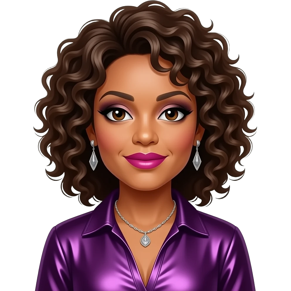 Whitney Houston with dark brown eyes, dark brown 80s curly hair, black eyeshadow, hot pink lipstick, dark purple metallic r&b outfit, necklace and earrings emoji