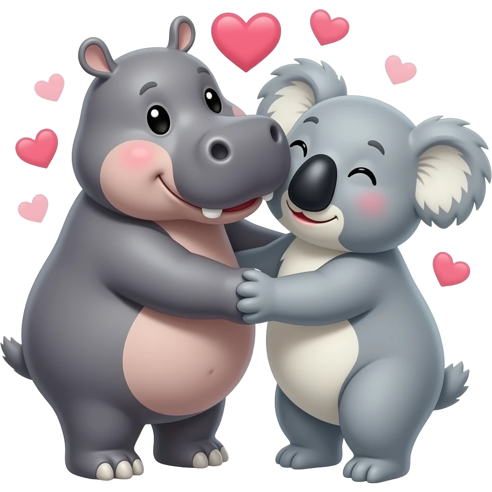 Hippo kissing a koala face in love. Cuddling.  Hugging.  Realistic. Not cartoon.  Hearts.  Not animated. emoji