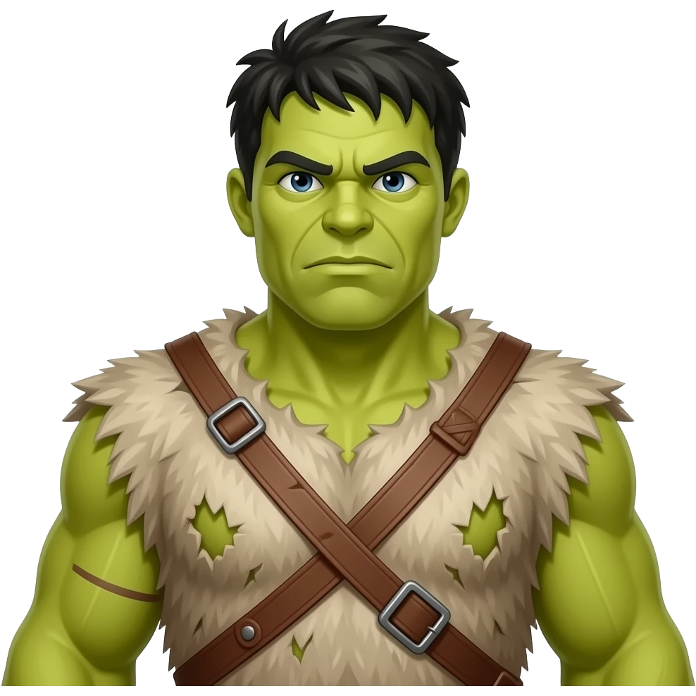 a Hulk wearing ancient animal skin cloth, half body, icon, yellow skin emoji