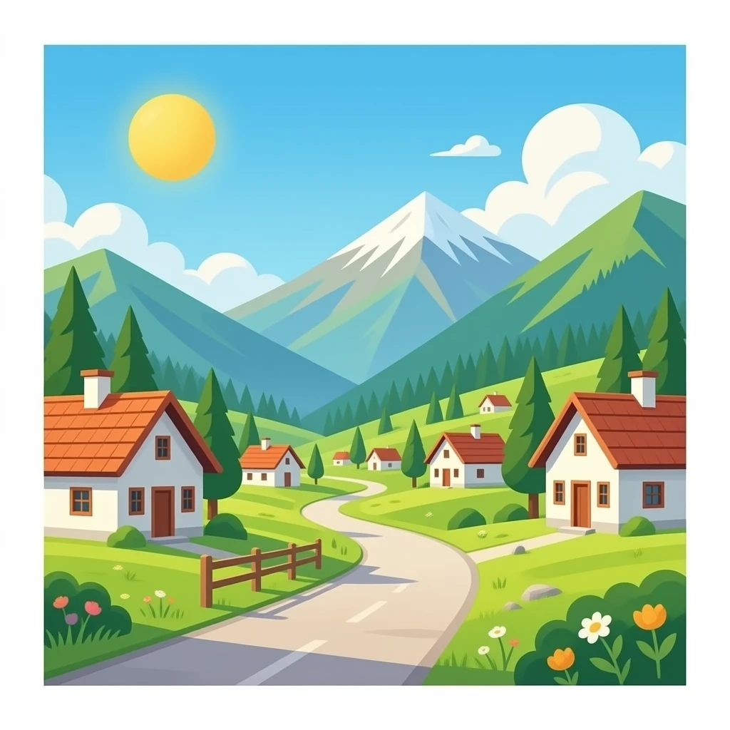 quiero un publo tipico de montaña con los abitantes muy tranquilos quiero que se de esta epoca emoji