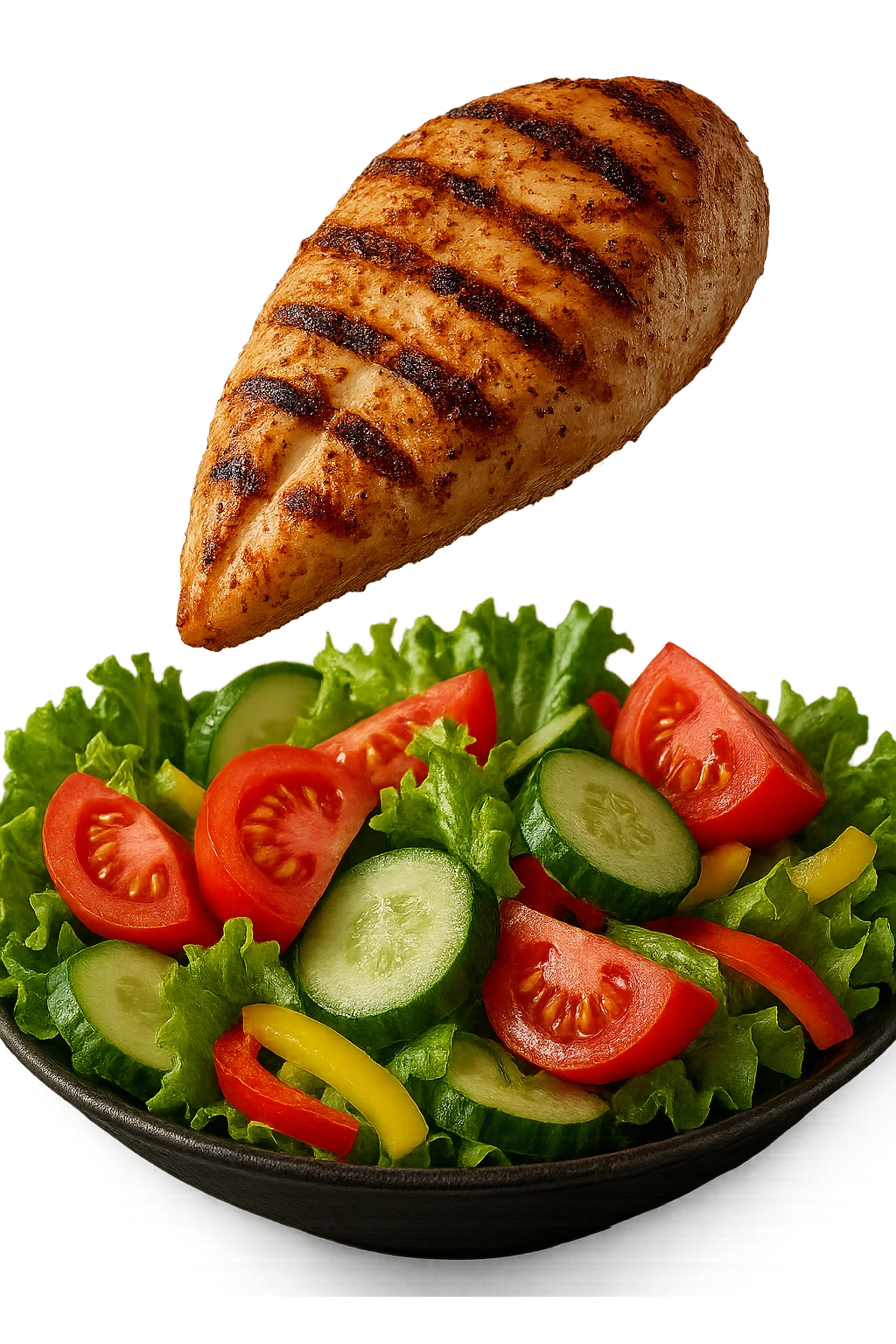 INSALATA CON PETTO DI POLLO GRIGLIATO CHE CADE DALL'ALTO, IPERREALISTICO 4K emoji