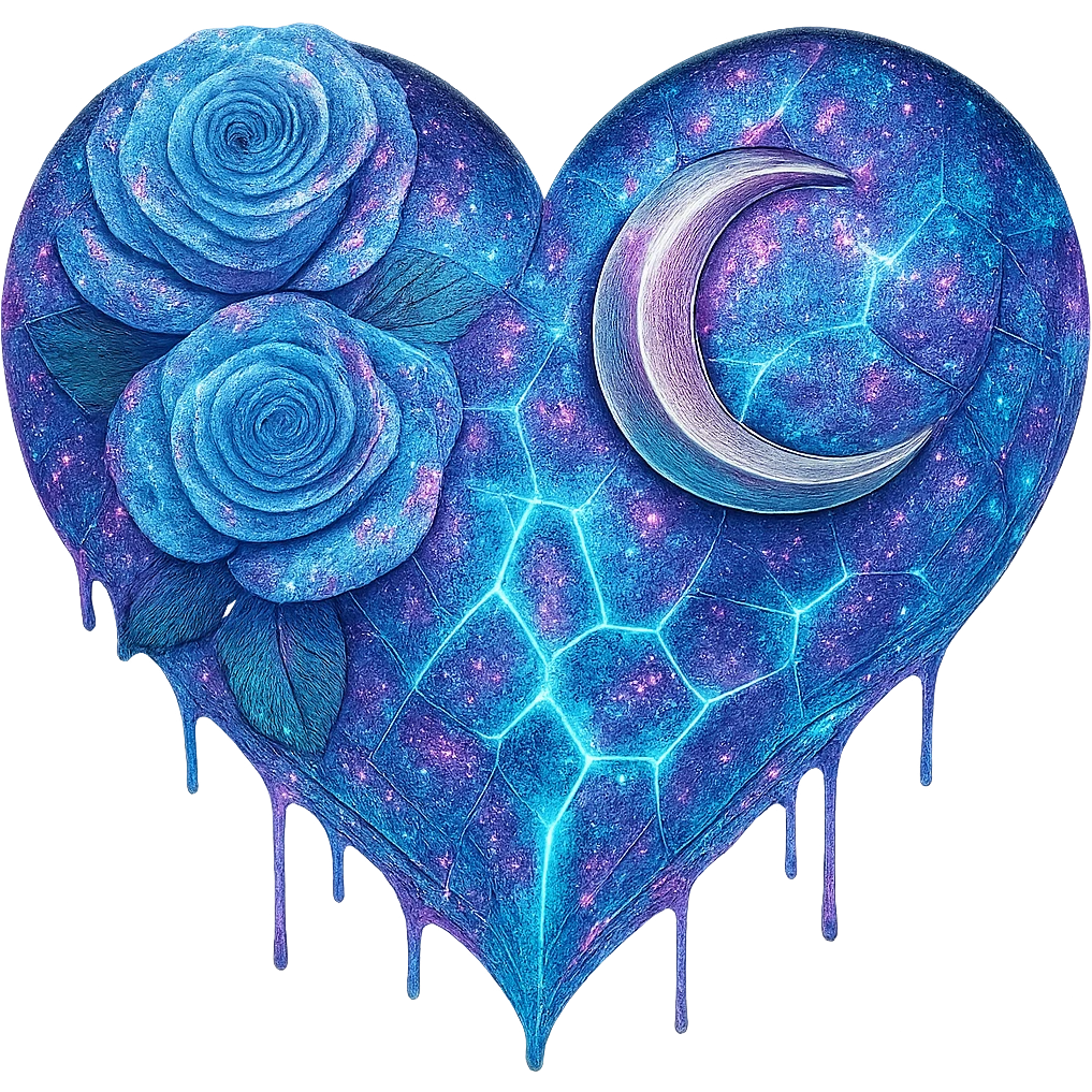 Add much more holographic stardust to the gothic heart with splintered light blue glass, silver crescent moon, light blue roses, neon lightning, and a wet look. Keep the background transparent. emoji