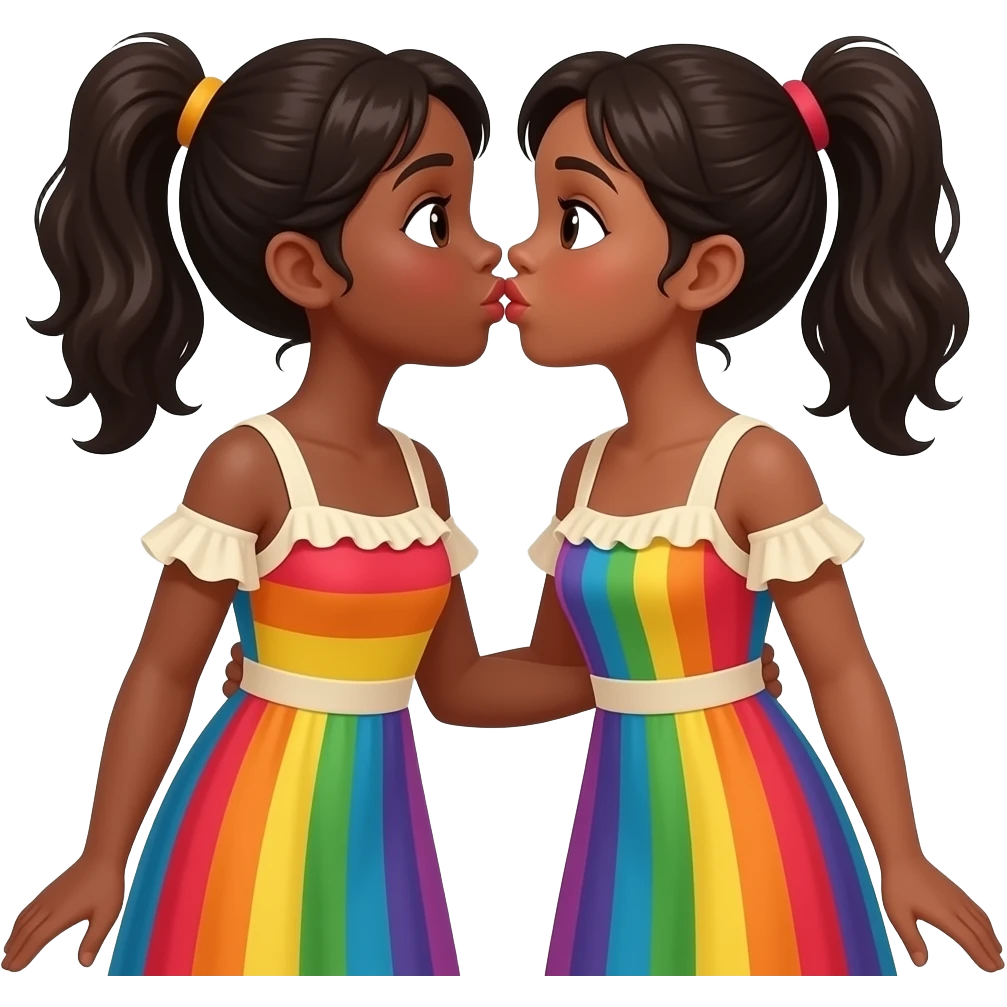 Two black girls kissing in rainbow colored dresses with cream on them. emoji