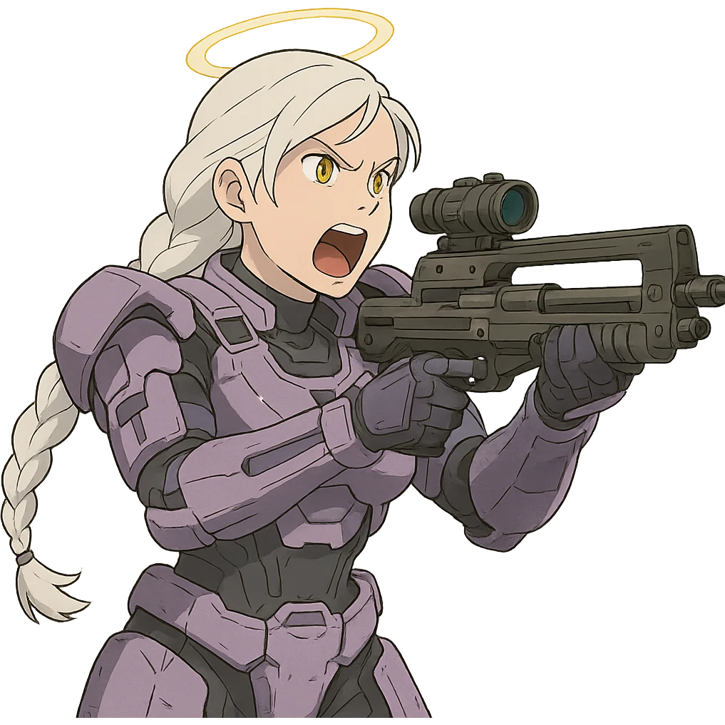 female, wearing reach spartan armor default, long white braid hair, gold yellow eyes, attention pose, halo series, no helmet, the armor is lavender color scheme, shoulder pad off. DDD bust size fitting. Punk gothic cyberpunk, brandishing a dmr, aiming down the sights and yelling emoji