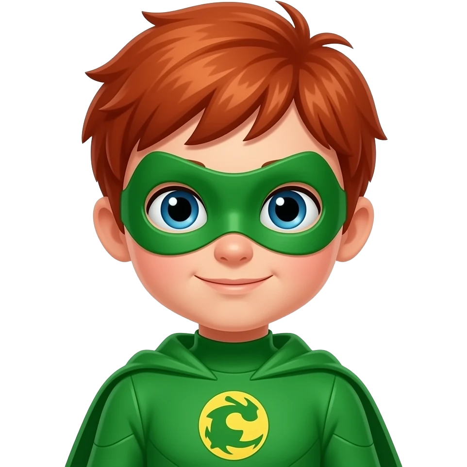 quiero que me hagas a un superheroe con el pelo pelirrojo mascara verde i con un traje verde que sea un niño emoji