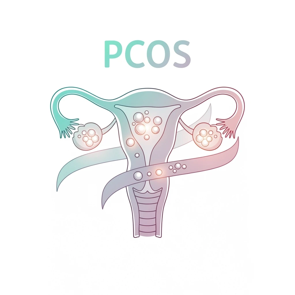 modern clear symbol representing PCOS (polycystic ovary syndrome), stylized uterus with highlighted polycystic ovaries, delicate colors, vertical 2:3 aspect ratio, no background emoji
