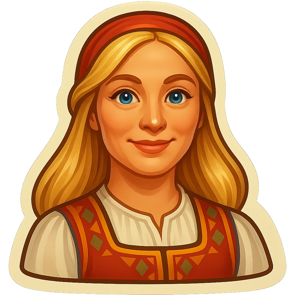 Edit the image to depict a Scandinavian woman in retro sticker style with blue eyes, long blonde hair, light skin, wearing traditional Scandinavian attire such as a folk dress or simple traditional blouse, and a friendly and confident expression. emoji