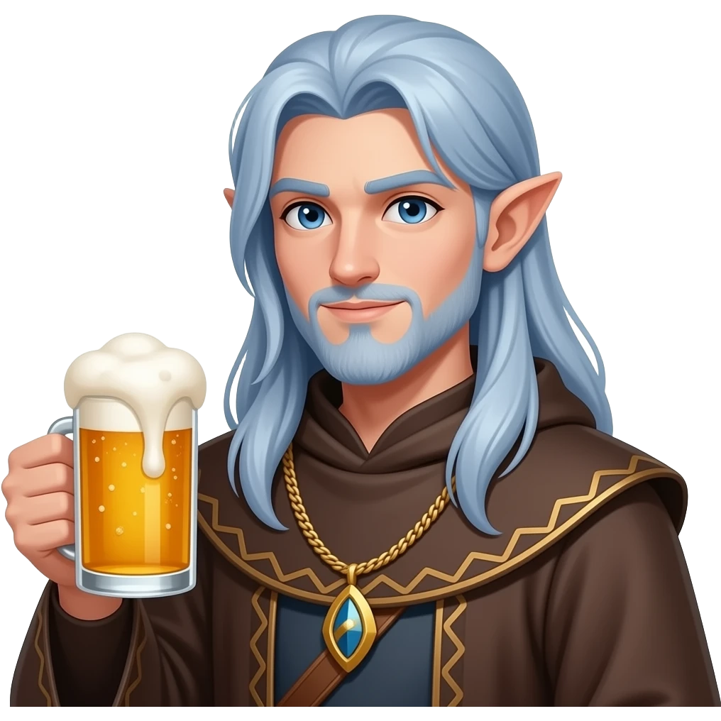 birthday celebration with male elf monk with long blue silver hair holding beer emoji