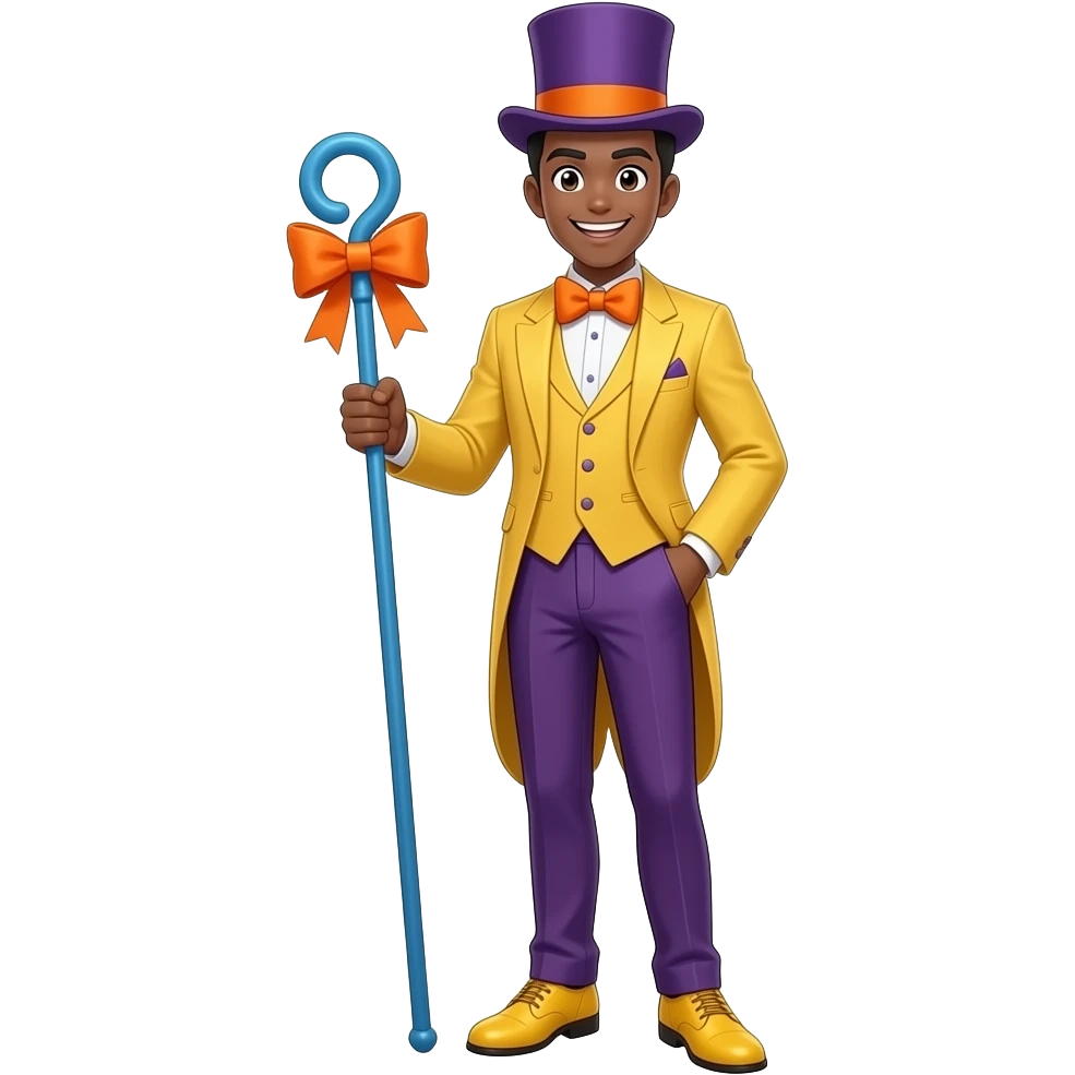Anime men brown skin look happy yellow dress suite and purple pants purple top hat yellow dress shoes orange big bow short blue staff very tall full body emoji