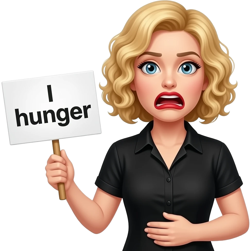 short blonde curly hair side swept bob with hungry face, red lipstick with a sign saying I hunger, my tummy is rummbling in a black short sleeve blouse emoji
