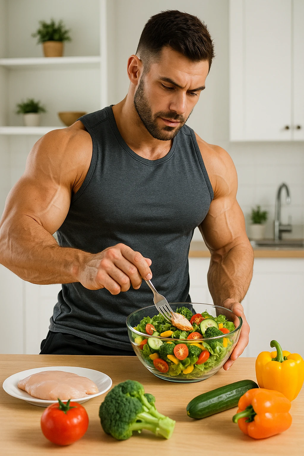"Un uomo bodybuilder (30-35 anni) che migliora la sua composizione corporea e mangia sano emoji