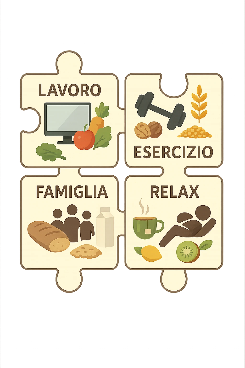 Puzzle (Lavoro, Esercizio, Famiglia, Relax), in lavoro metti icona di un PC, in Esercizio un Manubrio, in Famiglia una famiglia, in Relax qualcuno che riposa and healthy foods are integrated into each piece. in italiano emoji