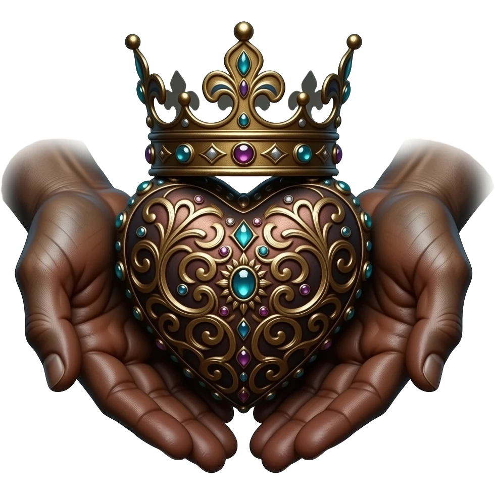 two rusty hands touch with their fingers (fingers are facing down and palms are facing up)  a rusty heart richly ornamented with arabesques and studded with precious stones with a richly decorated royal crown, dramatic lighting - backlight emoji