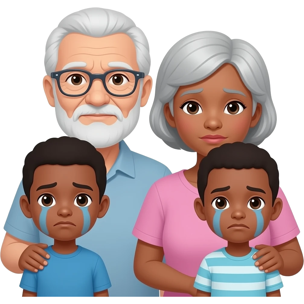 grand-père et grand-mère noirs, avec 2 petits enfants garçons noirs tristes emoji