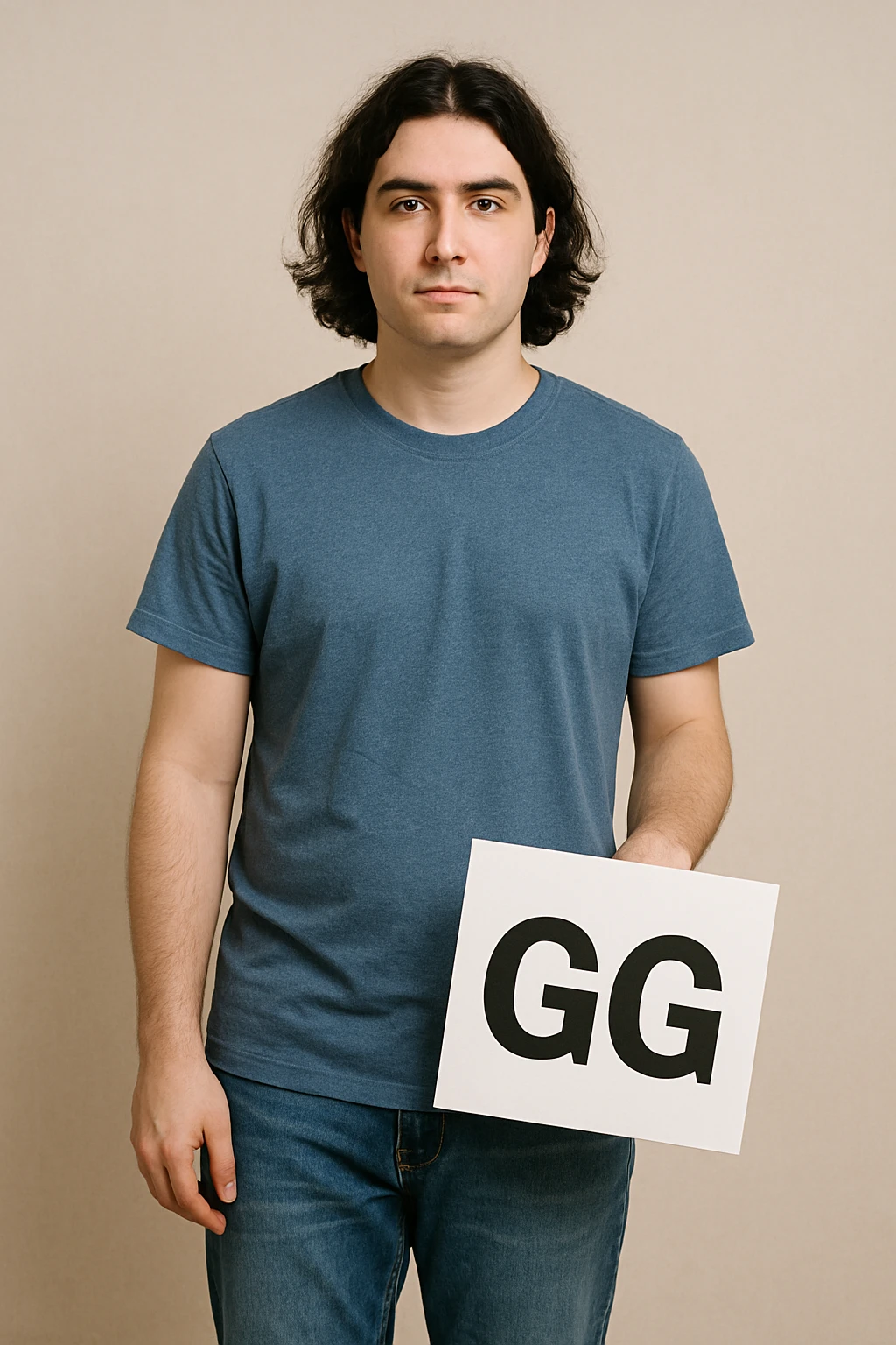 The person in the image is holding the GG sign loosely with one hand hanging beside them, the person remains the same. emoji