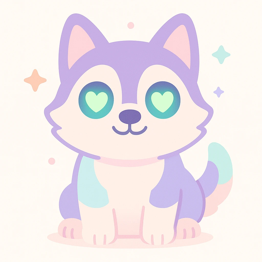 playful cartoonish husky with glowing green heart-shaped pupils emoji