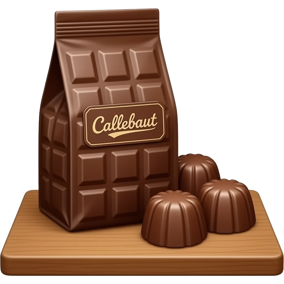 A brown bag of chocolate with the word "callebaut" written on it. Three round chocolate callets are lying in the foreground. emoji