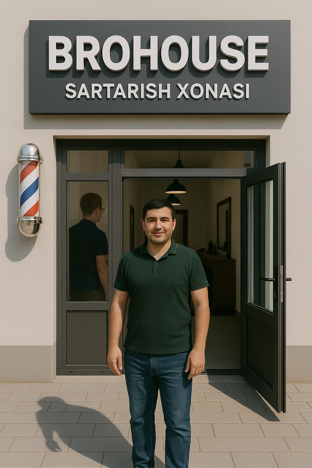 eni shu rasimga manashu odamga uxhshasin sartaosh eshik oldida tursin va tashqarida esa mijoz emoji