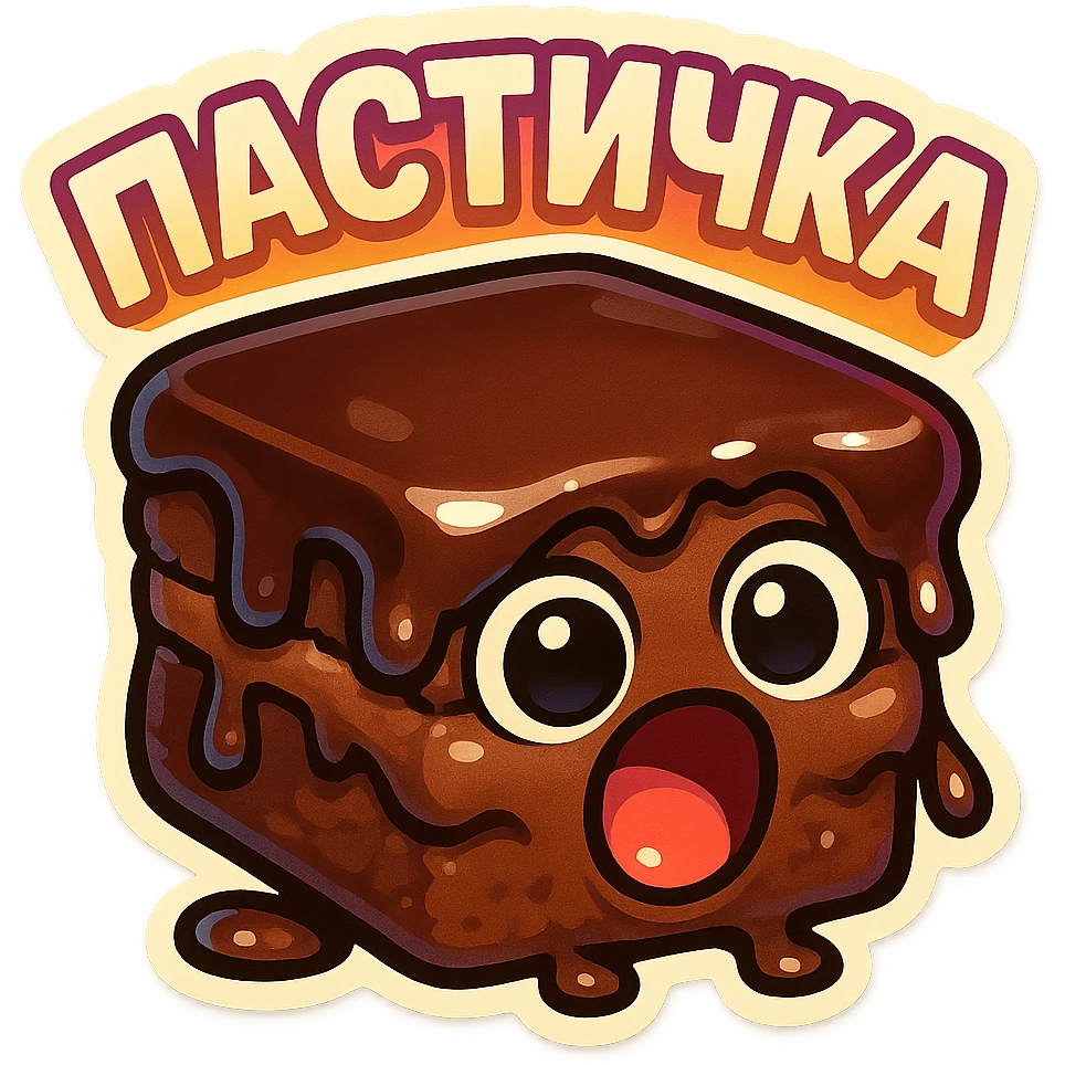 Rectangular chocolate mini pastry, slightly messy and squished, chocolate dripping, big round eyes, wide open mouth, playful surprised expression, text above: "ПАСТИЧКА", chibi style, Twitch emoji style, transparent background, colorful

 emoji