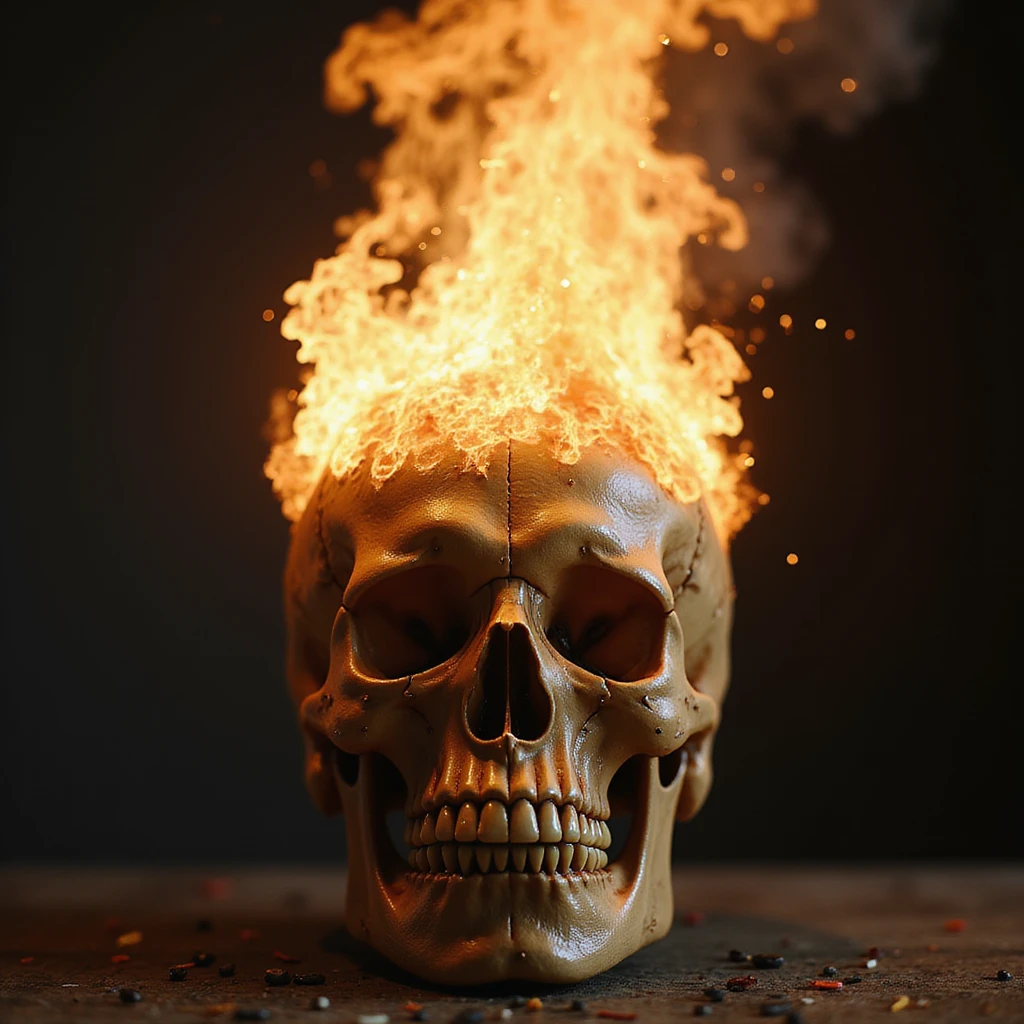 realistic human skull with a fiery explosion bursting from the top, photorealistic style emoji