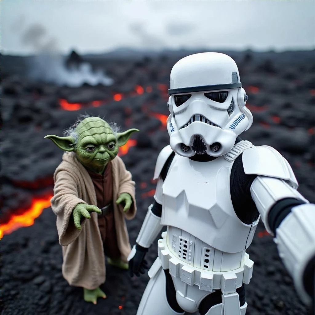 Camera POV, Starwars stormtroopers vlogging selfie, he is walking on lava planet with yoda emoji