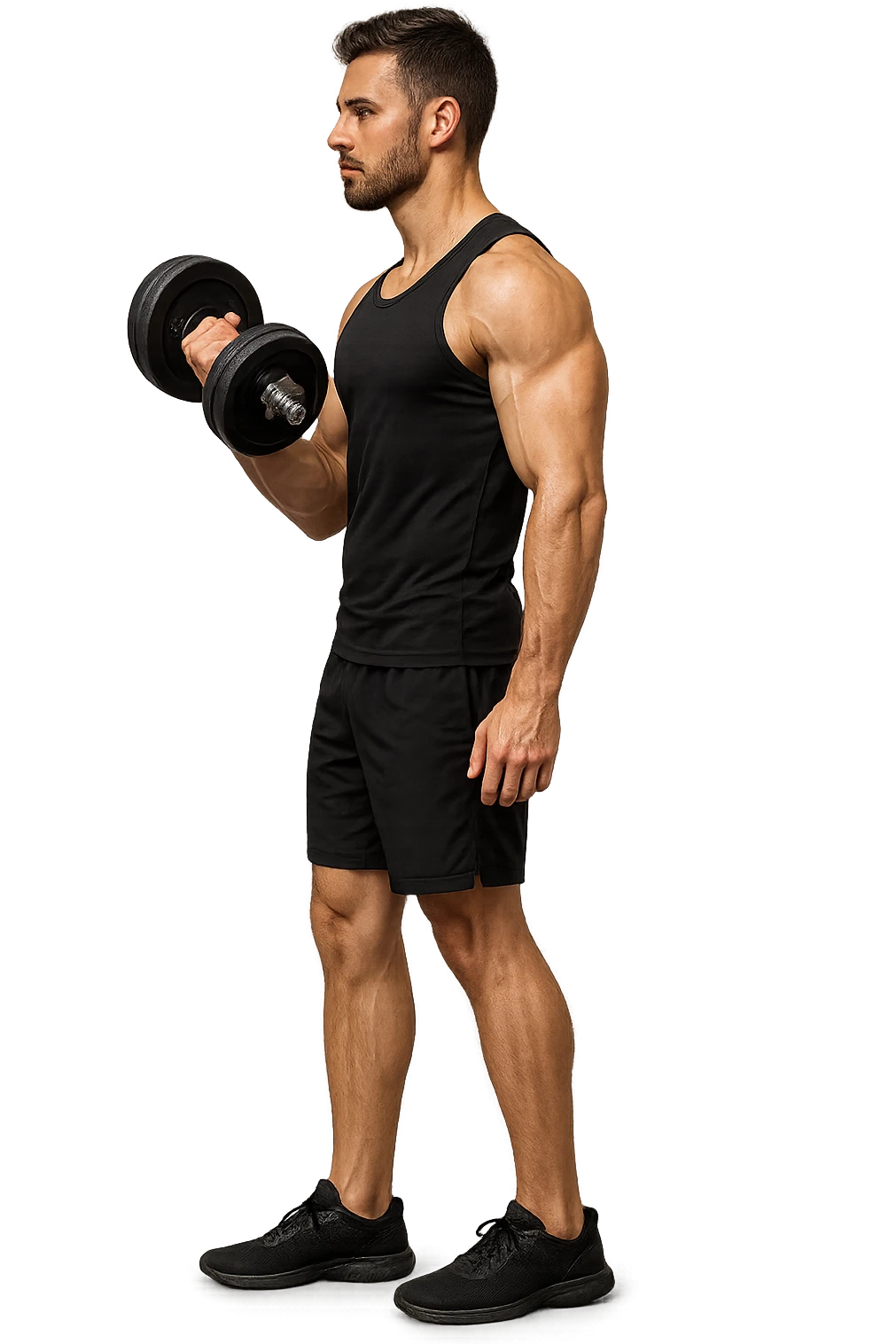uomo fitness di profilo a figura intera con manubrio da palestra in mano, iperrealistico 4k emoji