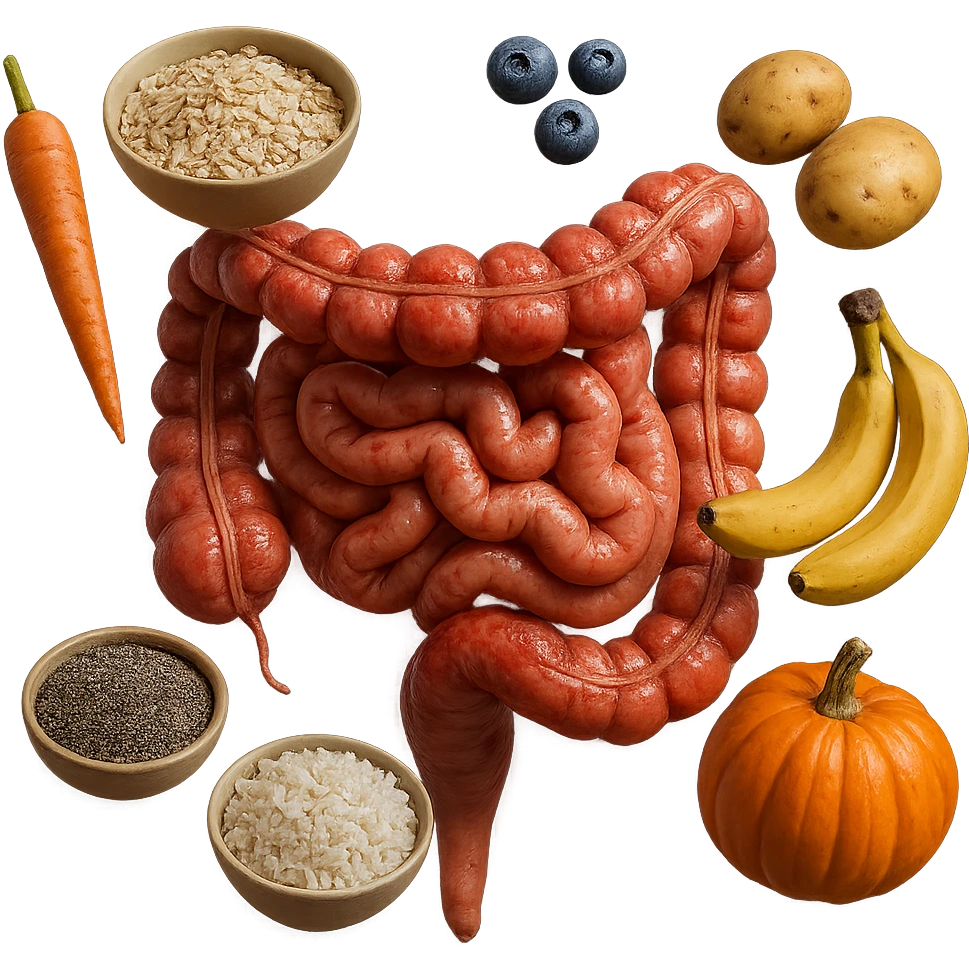 intestino umano anatomico infiammato con carota, bowl di avena, mirtilli, bowl di semi di chia, patate, banane, zucca, bowl di riso che gli fluttuano intorno , iperrealistico 4k emoji