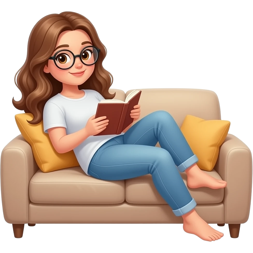 detailed emoji illustration of a curvy woman with long light brown wavy hair, light brown eyes and round glasses lying comfortably and reading a book all day, relaxed lazy reading vibe, cute emoji style emoji