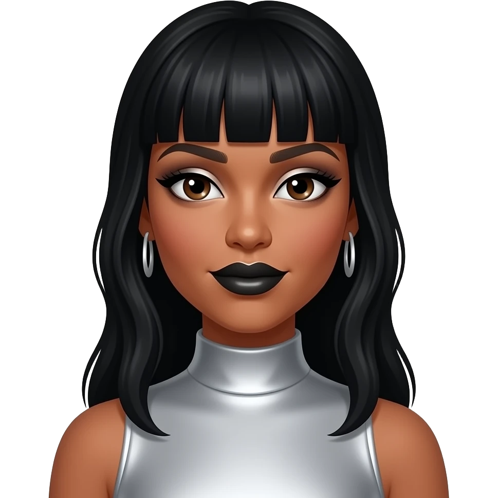 LeToya Luckett from Destiny's Child with dark brown eyes, longest black fringe hair, silver eyeshadow, black lipstick, silver high neck dress, silver earrings emoji