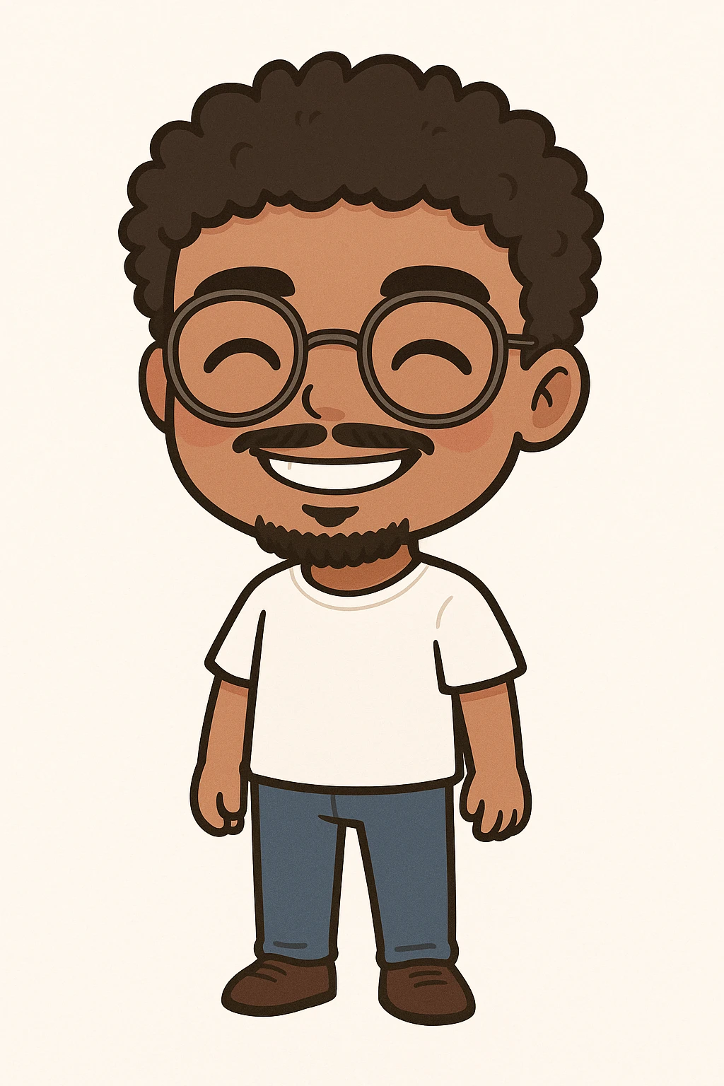 Full body illustration of a young man with dark curly hair, round glasses, a mustache and thin goatee, brown skin, smiling, in a cute, cartoon, simplified style similar to the example of Snape and Voldemort in chibi stickers style, with bold black lines and soft colors. emoji