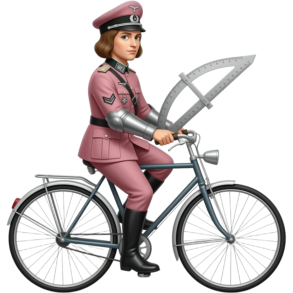 steampunk - Leonardo Da Vinci in a pink German World War II uniform transports the thin and serious Joan of Arc on a vélocipède, Joan of Arc carries a huge school caliper in her hands emoji