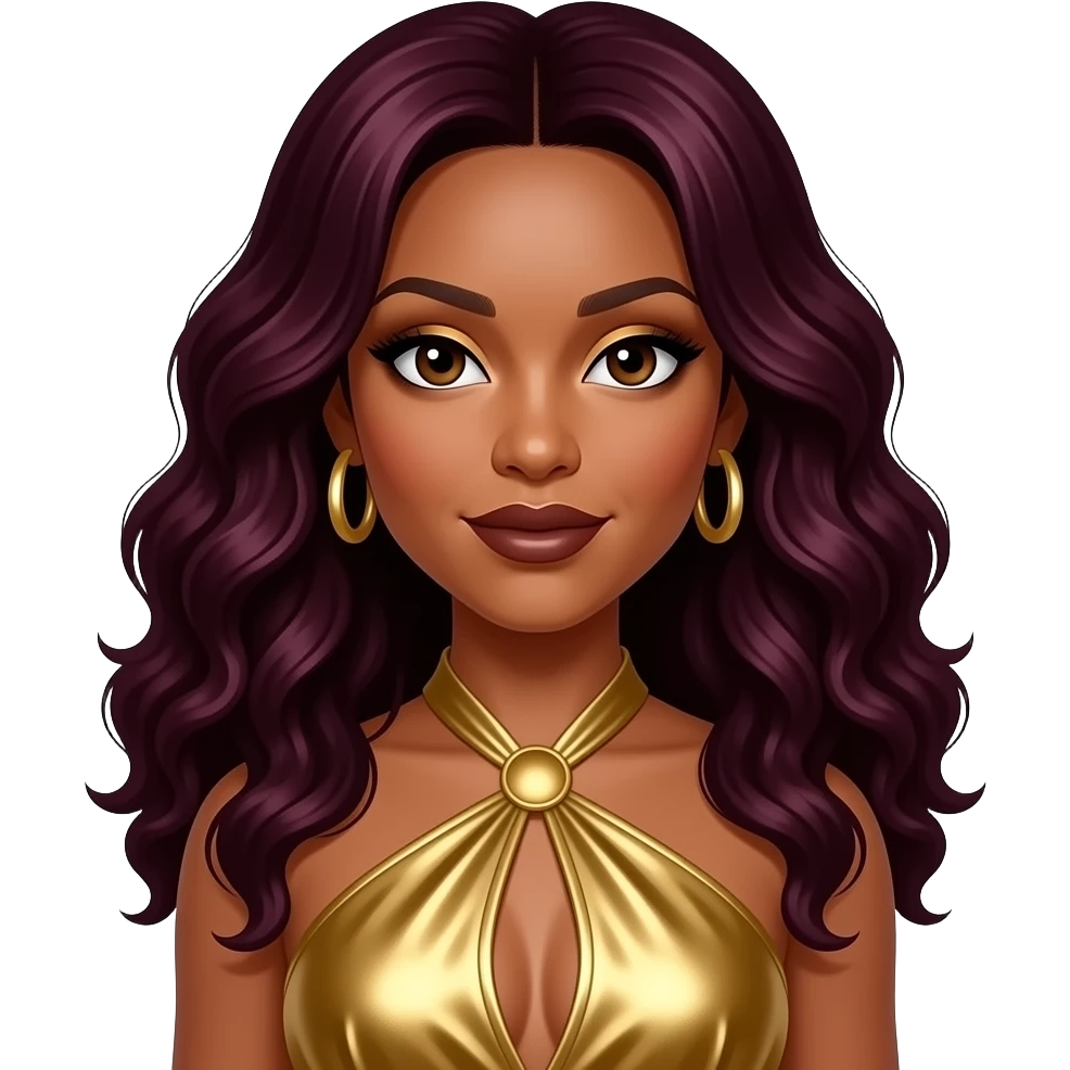 LaTavia Roberson from Destiny's Child with dark brown eyes, long burgundy 90s soft curl hair, gold eyeshadow, dark brown lipstick, gold metallic halter dress, gold earrings emoji