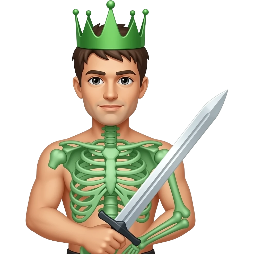 A man with a transparent torso that show green bones and he. Has a green crown and sword emoji