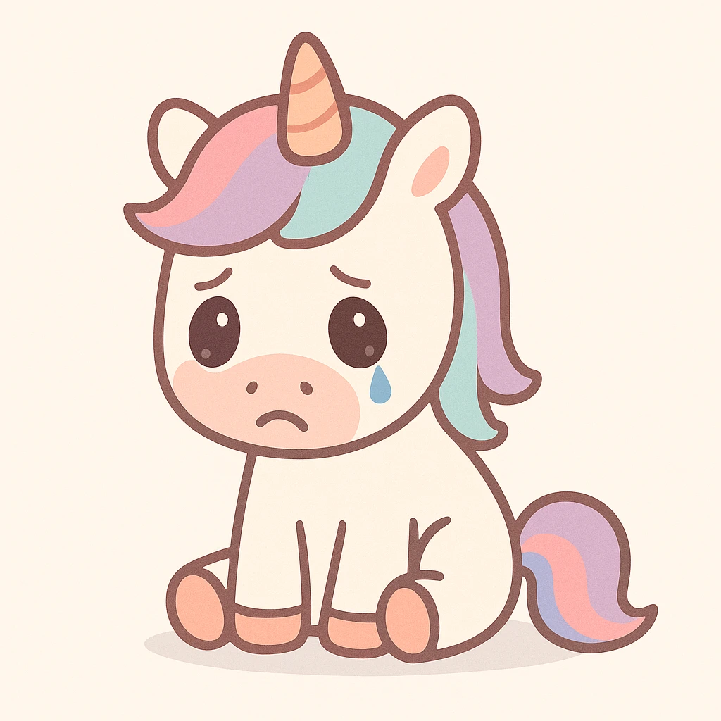 a depressed unicorn with slouched posture and a teardrop, pastel tones, minimal background emoji