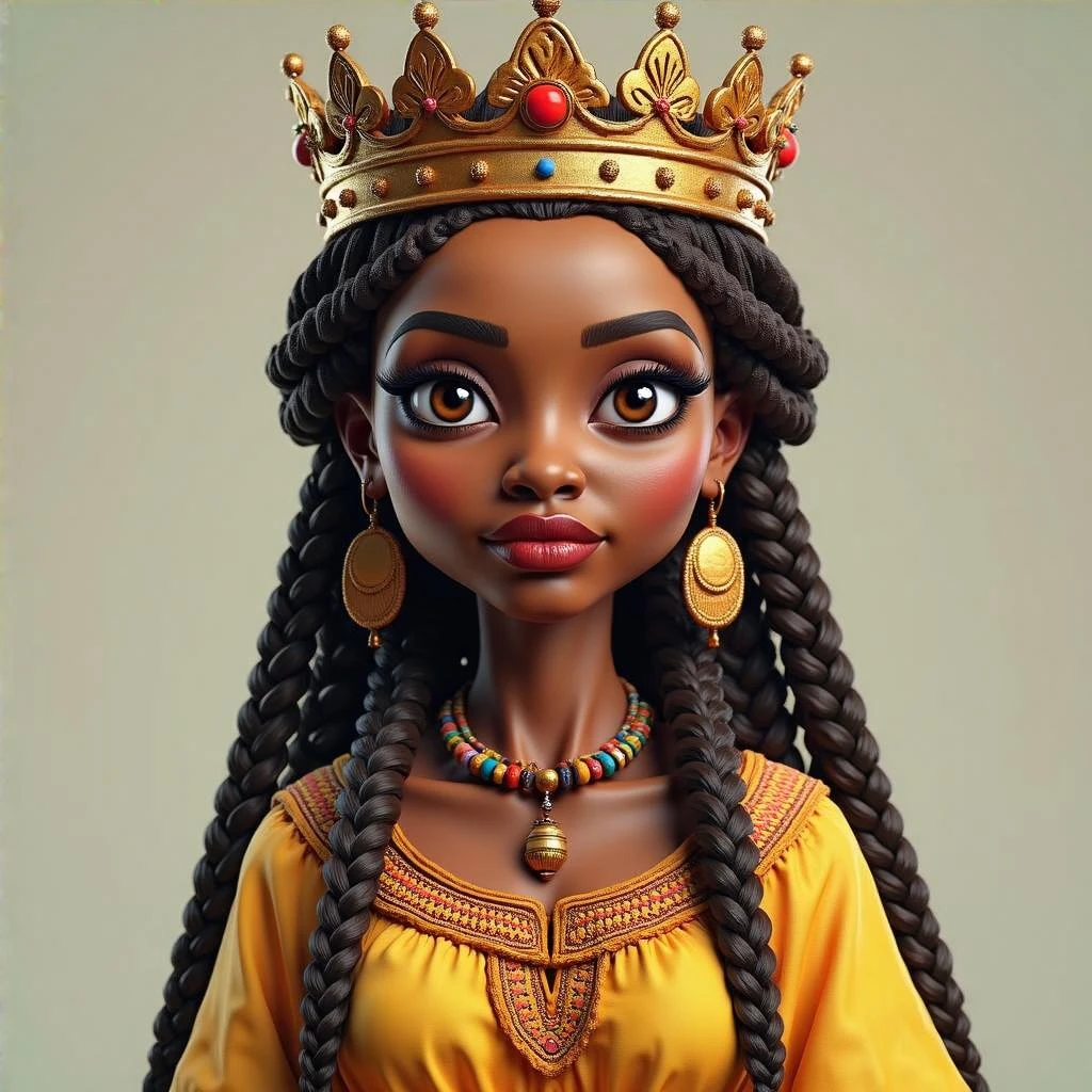 Create me a Stylized 3D Character Art of an beautiful Ethiopian Queen of Sheba wearing a queen crown, traditional Ethiopian habesha kemis dress. Do a balance of realism and caricature with Rich Textures having a Hand-Painted Feel. Give her beautiful hair with braids and make her brown skinned.  emoji