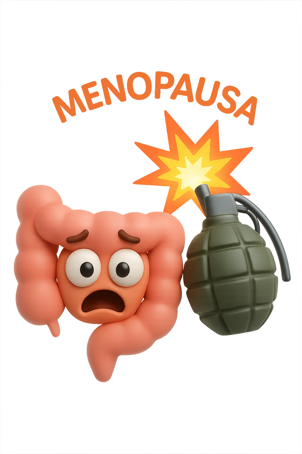 EMOJI STILE IPHONE 3D DI INTESTINO 3D CON ESPRESSIONE SPAVENTATA IN VOLTO MENTRE ACCANTO A LUI SCOPPIA UNA GRANATA 3D CON LA SCRITTA "MENOPAUSA" SOPRA, FAGLI ANCHE LA PARTE BIANCA DEGLI OCCHI, NON SOLO LA PUPILLA emoji