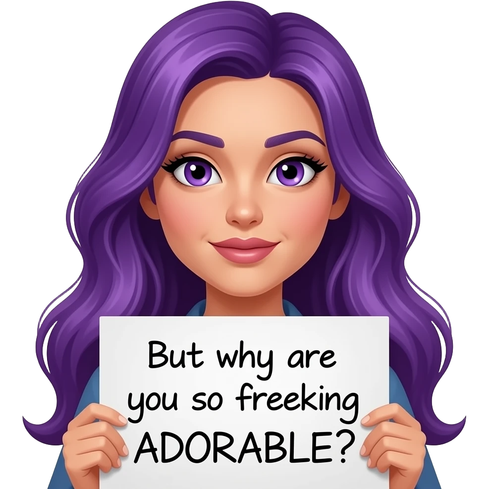 sexy girl with long purple hair and purple eyes holding a But why are you so freaking ADORABLE? sign emoji